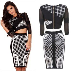 House Of CB London Black White Geometric Bodycon Bandage Two-Piece Set S
